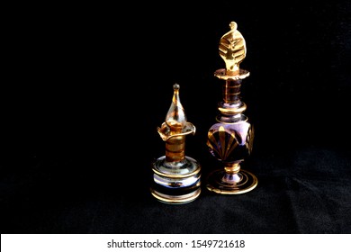 Vintage Iridescent Hand Blown Glass Perfume Bottle Daubers; Antique Blown Glass On A Black Background. 