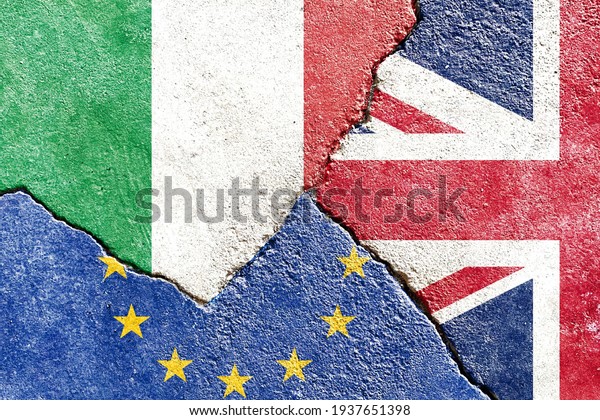 Vintage Italy VS UK VS EU national flags icon\
on broken weathered wall with cracks, abstract international\
country political economic relationship conflicts pattern texture\
background wallpaper