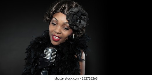 Vintage Jazz Woman Singing. Black African American. Copy Space.