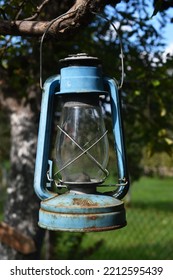 Vintage Kerosene Oil Lantern Lamp Hanging On A Tree Branch.