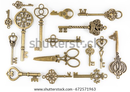 Vintage Keys Collection Isolated On White Background