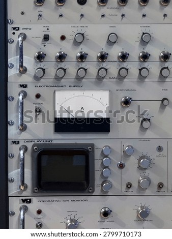 Vintage Laboratory Electronics Control Panel With Analog Meter, Knobs, Dials and Display Instrument