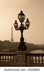 Vintage lamppost on the bridge of Alexandre III in Paris, France