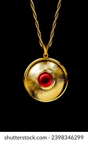 Vintage large golden pendant with ruby gem hanging on black background