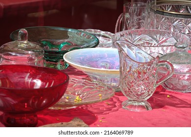 Vintage Lead Crystal Punch Bowl And Cups On A Wooden Table At An Antique Store.