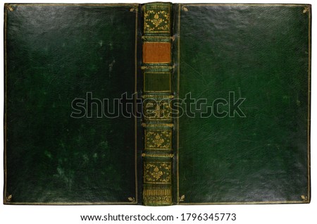 Vintage leather open book cover with antique bookbinding. Easy to design and print. Isolated on white.