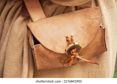 Vintage Leather Waist Bag On A Man In Ancient Roman Retro Clothes.