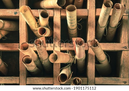 Vintage library with scrolls based of futhark alphabet