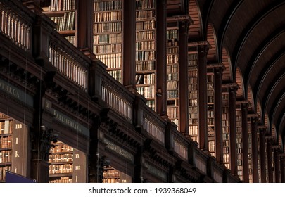 Vintage Library With Shelves Of Old Books In The Long Room In The Trinity College. Dublin, Ireland - Feb 15, 2014