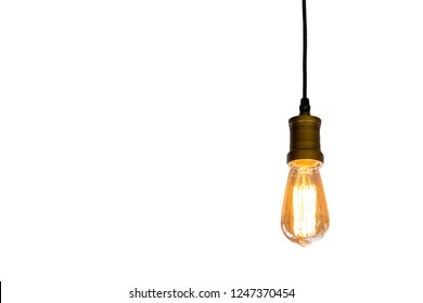 Vintage light bulb hanging isolated white background, Idea concept.with clipping path