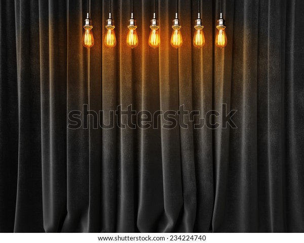 Vintage Lightbulbs On Velvet Curtains Background Stock Photo Edit