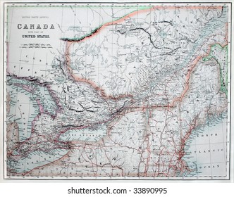 Vintage Line Colored Map Of America & Canada, Printed In 1860.