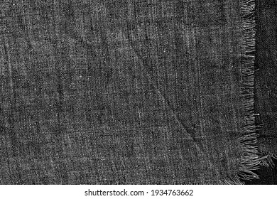 Vintage Linen Dark Cloth Background. Old  Flax Fabric Backdrop. Hemp Tablecloth Frame With Fringe, Frame. Black Raw Organic Fabric Bag Pattern