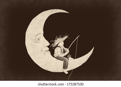 Vintage Little Boy Fishing From A Paper Moon