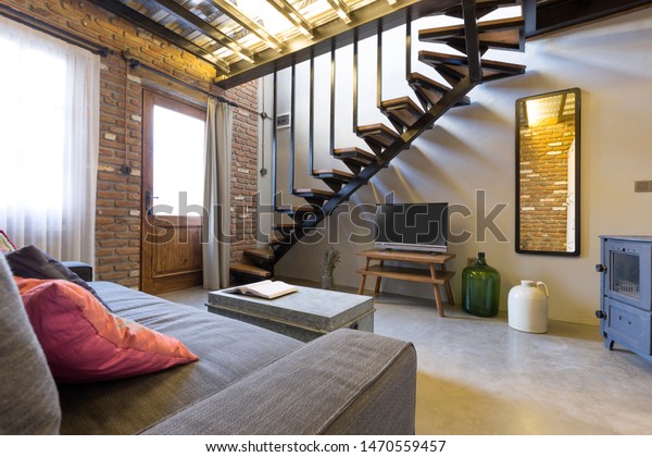 Vintage Living Room Metal Staircase Concrete Stock Photo Edit Now