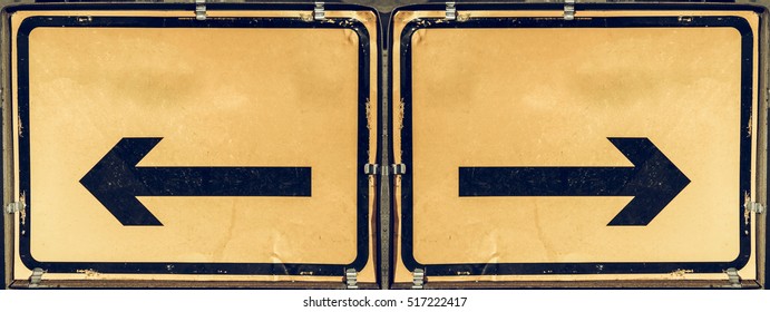 Vintage Looking Blank Direction Arrow Sign With Copy Space, Type Your Own Text, Both Left And Right Arrows In Black Over Yellow Background