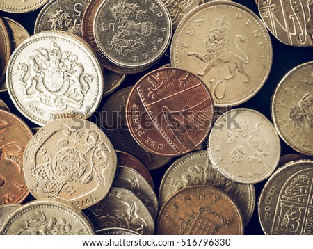Vintage looking British Pounds coins of the United Kingdom