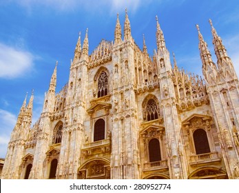 Vintage Looking Duomo Di Milano Meaning Milan Cathedral In Italy, With Blue Sky