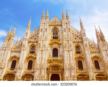 Vintage Looking Duomo Di Milano Meaning Milan Cathedral In Italy, With Blue Sky