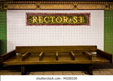 Vintage Looking Waiting Area At Landmark NYC Subway Station At Rector Street.