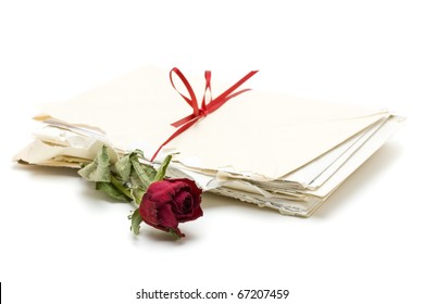 Vintage Love Letters With Red Rose Over White Background