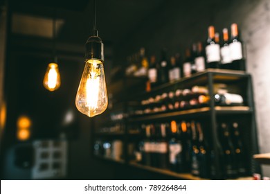 Vintage Luxury Interior Lighting Decor. Old Vintage Light Bulb Lamps. Restaurant Bar Lighting Interior Design. Vintage Light Bulbs At Wine Chamber