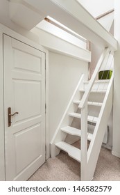 Vintage Mansion - White Wooden Attic Stairs And A Door