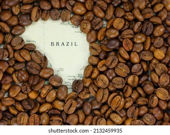 Vintage map of Brazil covered by a background of roasted coffee beans. This nation is the first main producer and exporter of coffee. Horizontal image