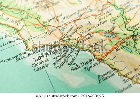 Vintage map focuses on a section of California, showing cities like San Francisco, San Diego, Los Angeles, and Santa Barbara The map includes roads, water bodies, possible hills or valleys, and uses