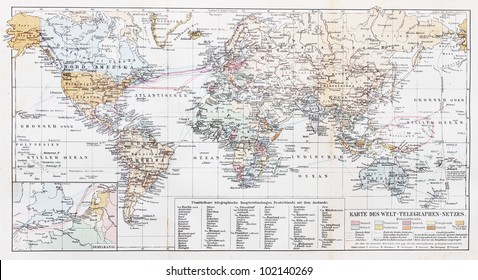 Vintage Map of the world telegraph network at the beginning of 20th century - Picture from Meyers Lexikon book (written in German language) published in 1908 Leipzig - Germany. - Shutterstock ID 102140269