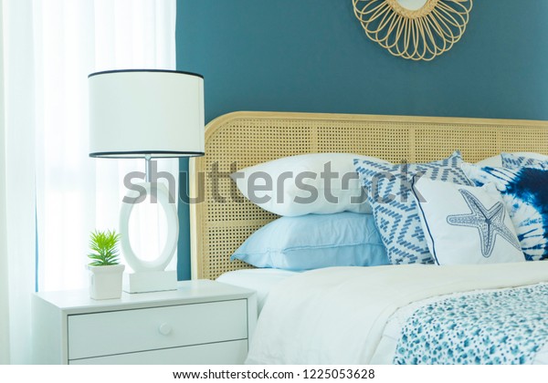 Vintage Master Bedroom Blue Wall White Interiors Stock Image