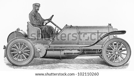 Vintage Mercedes - Gordon - Bennett 120 HP four cylinder engine racing car from 1905 - Picture from Meyers Lexikon book (written in German language) published in 1908 Leipzig - Germany.