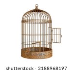 Vintage metal bird cage with door open isolated on white background