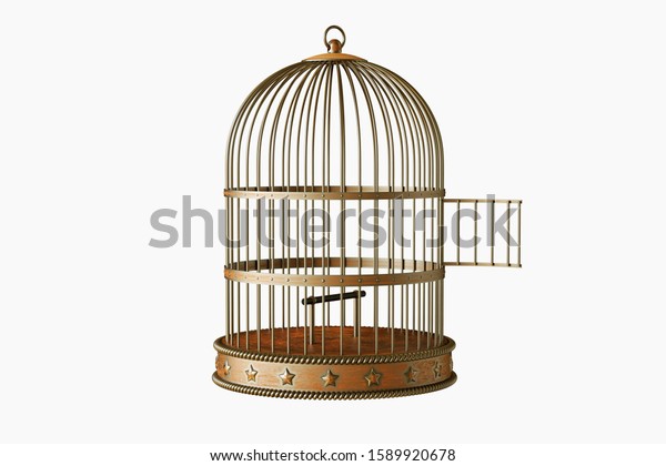 Vintage metal bird cage with door open\
isolated on white\
background