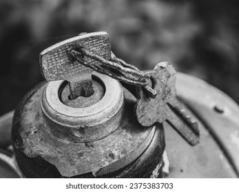 Vintage metal keys inserted into the ignition lock in black white selective focus close-up - Powered by Shutterstock