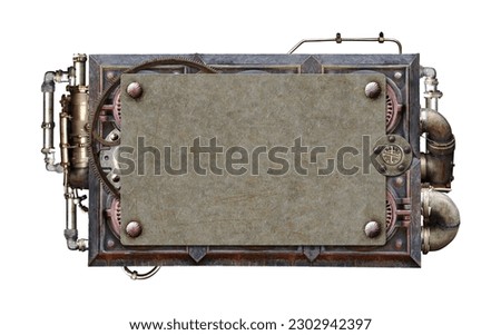 Vintage metallic frame with rivets, pipelines, pipe elbow. Isolated on white background. Mockup template. Copy space for text. Steampunk style decor with pipes. Industrial backdrop with old pipeline