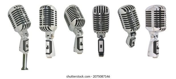 Vintage mic microphone metal classic design colection set isolated on white background. This has clipping path.