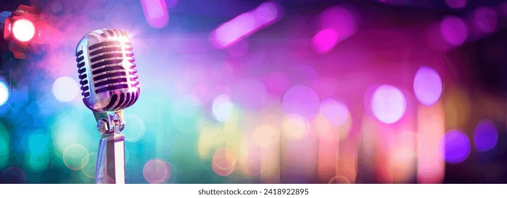 Vintage Microphone On Stage With Bokeh Lights - Powered by Shutterstock