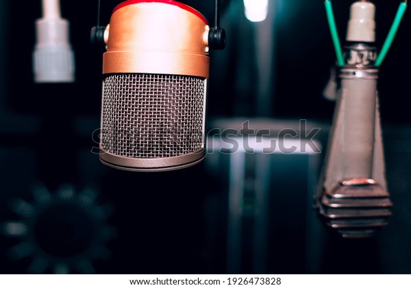 Vintage\
microphones in studio . Recording vocal\
devices