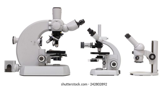 Vintage Microscope Family (isolated), Basic, Medium And Advanced Model Side By Side