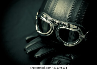 Vintage Motorcycle Helmet With Gloves And Goggles