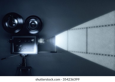 Vintage Movie Camera With Reel Of Film On Grey Wall 3D Render
