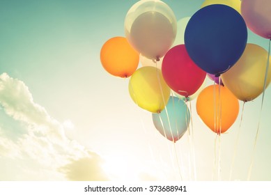 Vintage Multicolor Balloons Of Birthday Party. Instagram Retro Filter Effect