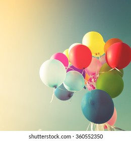 Vintage Multicolored Balloons Of Birthday Party. Instagram Retro Filter Effect