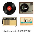 Vintage music collection with vinyl records, cassette tapes, and a retro radio. Classic vinyl, cassette, and radio evoke nostalgia and retro vibes. Music element set isolated on white background.