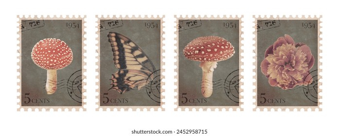 Vintage Nature Postage Stamp Collection. Mushroom, Butterfly, and Floral Post Elements. Aesthetic cutout Scrapbooking elements for wedding invitations, notebooks, journals, greeting cards - Powered by Shutterstock