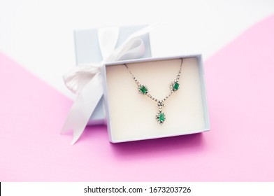 Vintage Necklace In A Gift Box, Gift Necklace Concept, Emerald Necklace