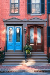 Vintage Neighbor Entrance Doors To The House, Front Red Brick Wall Building Street View, American Expensive District