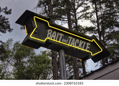 Vintage Neon Bait and Tackle Sign in Rural Area near Lake  - Shutterstock ID 2308763183