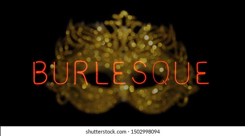 Vintage Neon Burlesque Sign With Bokeh Carnival Mask